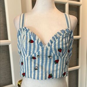 Maeve | Anthroplogie | Strawberry Print Blue and White Striped BustTank Top